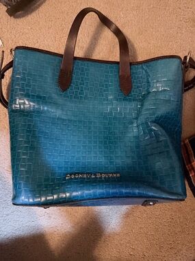 Dooney & Bourke Teal Croc-Embossed Tote with Brown Handles